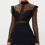 Black Lace Chiffon Frill Detail Bodycon Dress