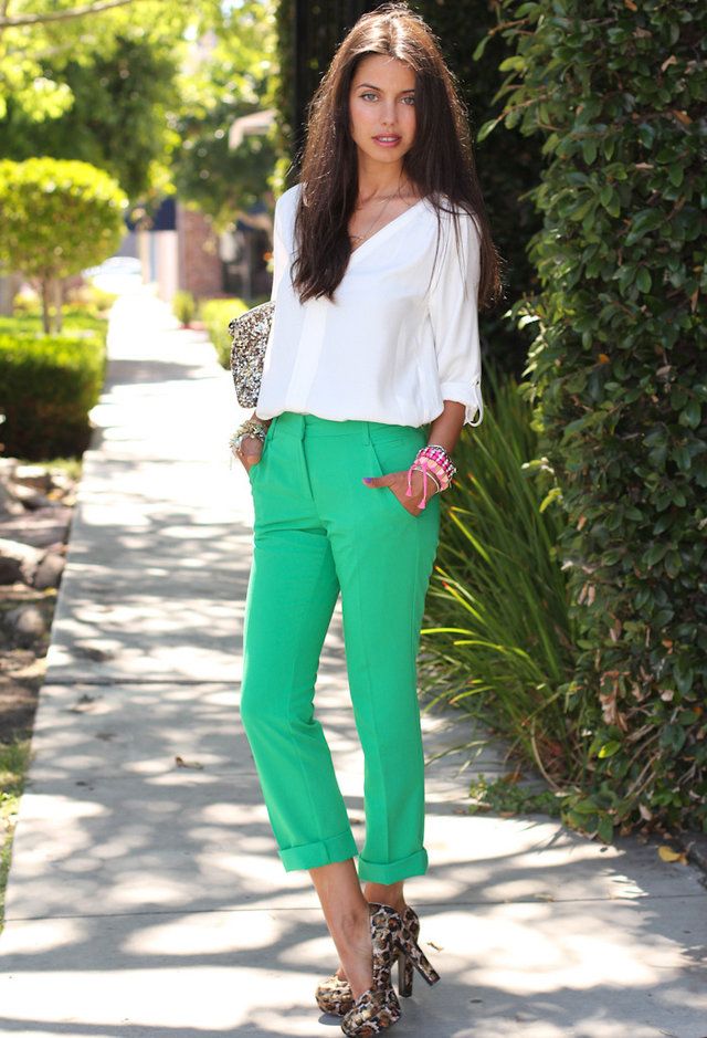 White Blouse Outfit with Green Pants