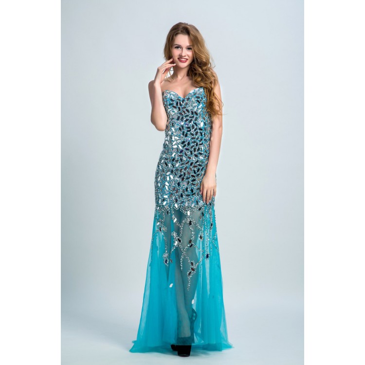 Cheap Floor-length Prom Evening Dress Long Light Blue Dresses With Lace Up,  Rhinestone