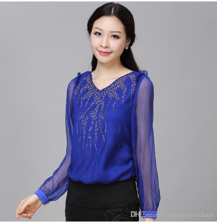 blue tops 2018 fashion women ladies female elegant casual chiffon shirts  tops blouse royal blue v MIAISGV – AcetShirt