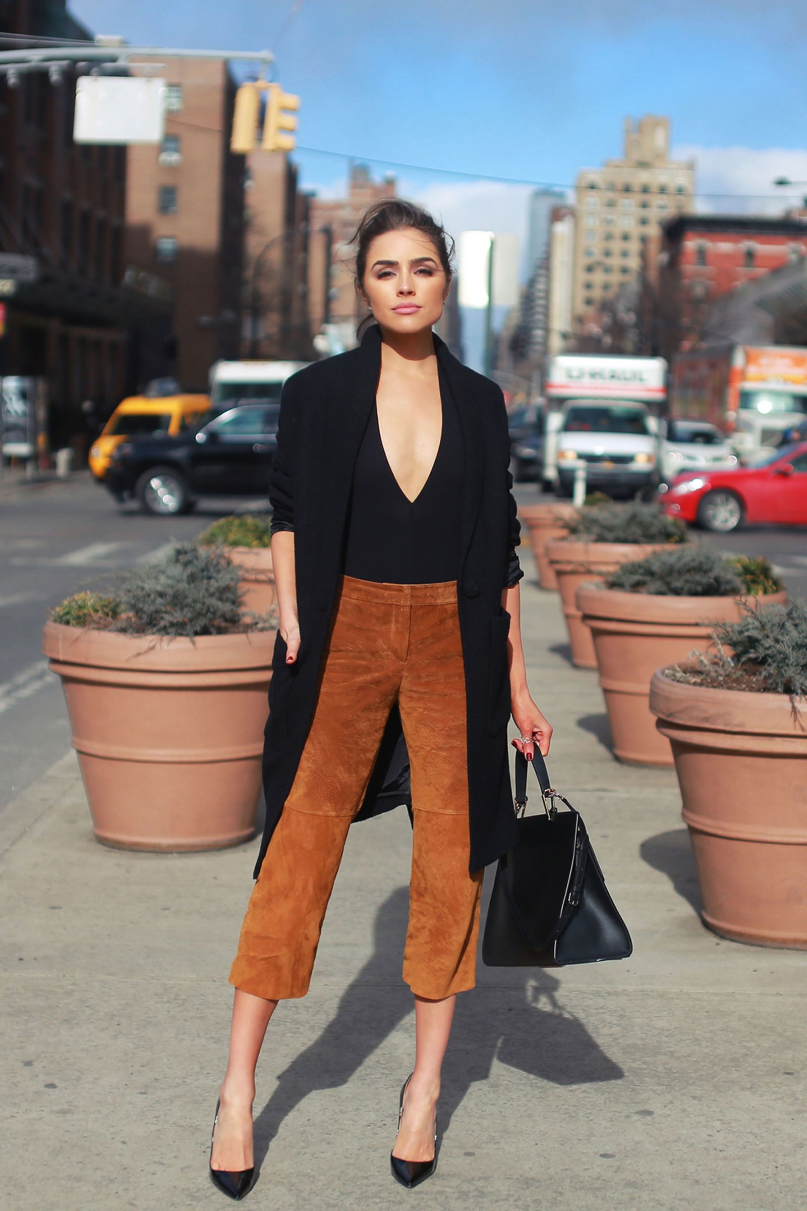 25 Bodysuit Outfit Ideas for Summer 2016 | black V neck bodysuit, burnt  orange suede cropped pants, and pointed toe pumps