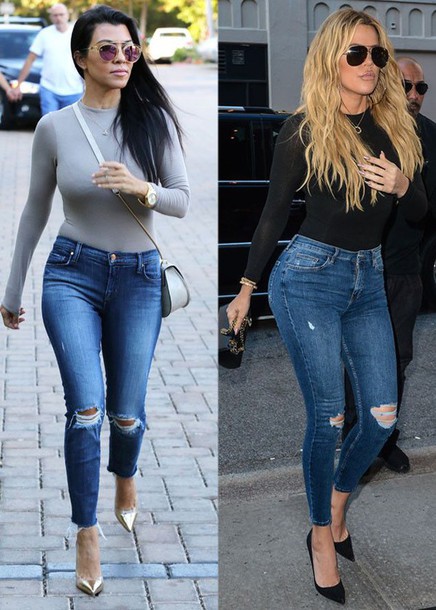 jeans khloe kardashian kourtney kardashian bodysuit ripped jeans sunglasses  kardashians