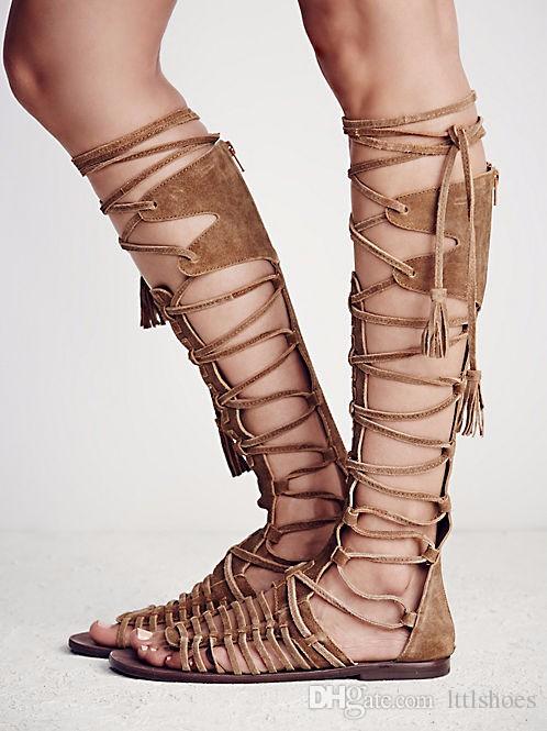 Boho Bohemian Style Newest Fashion Summer Boots Cross Tie Fringe Flat Heel  Gladiator Sandals Women Knee High Woman Shoes Espadrilles Birkenstock  Sandals