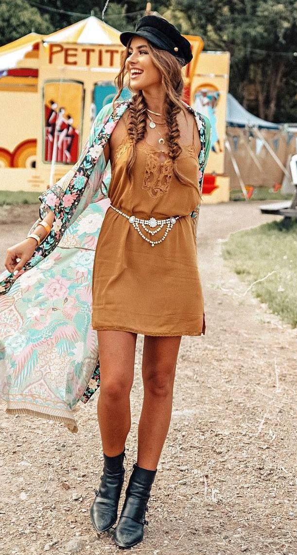 boho chic outfit idea : hat + boots + dress + printed cardi