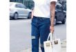 white Top shirt - navy Boyfriend jeans jeans - white white bag bag