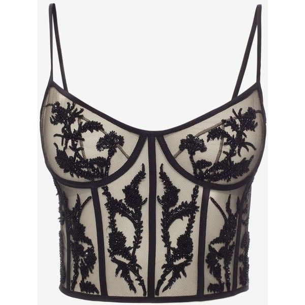 Alexander McQueen Embroidered Bustier Top ($4,180) ❤ liked on Polyvore  featuring tops, black, embroidered top, beaded top, structured top,