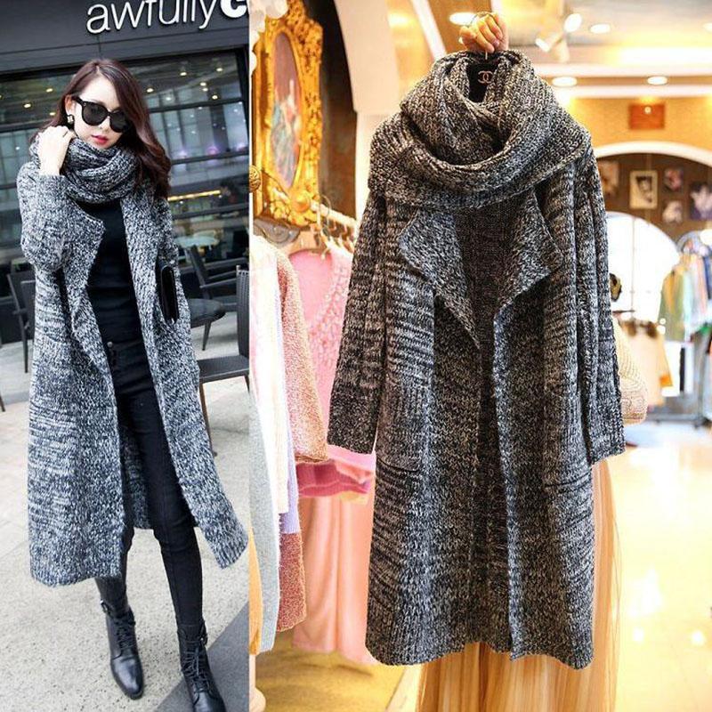 2019 2016 New Long Knee Length Women Sweaters Fashion Loose Warm Women  Knitted Coats Fall Winter Thick Knitting Cardigans Long Sleeve Sweaters  From Sunny728