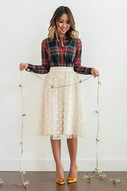 Flannel Shirt Midi Skirt Christmas Outfit Idea