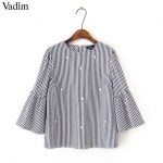 Vadim stylish pearls beading striped shirts flare sleeve cute