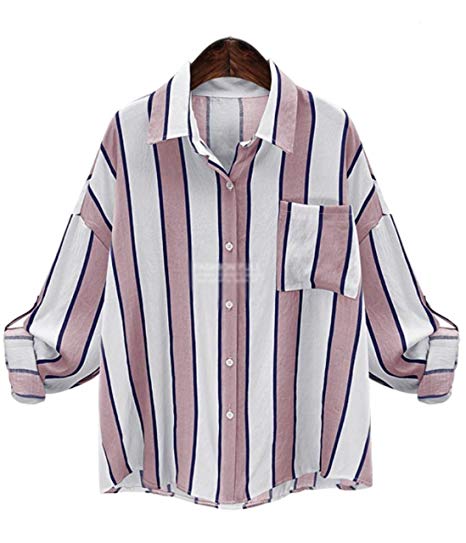 ten is heart Long Sleeve Blouse Shirts Striped Women Cute Tops Big  Silhouette (Small,