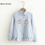 MERRY PRETTY Milk Box Embroidery Women Striped Blouse Preppy Style Cute  Ruffles Long Sleeve Shirts Blusa
