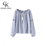 2018 New Fashion Womens Striped Blouses Blue Puff Sleeve Cute Shirys  Embroidery Sping Summer Bohemian Style