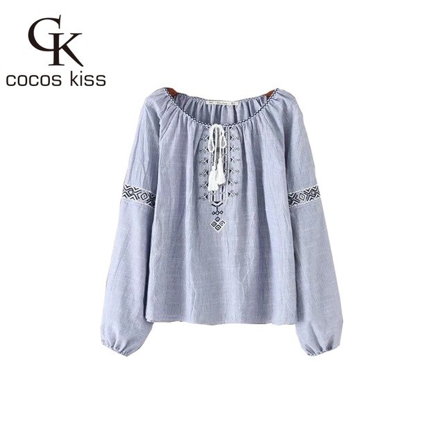 2018 New Fashion Womens Striped Blouses Blue Puff Sleeve Cute Shirys  Embroidery Sping Summer Bohemian Style