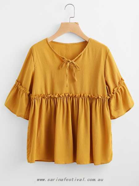 Casual Cute Tops Frill Trim Smock Blouse - LT8IAE37733182 - Yellow -  Polyester Blouses