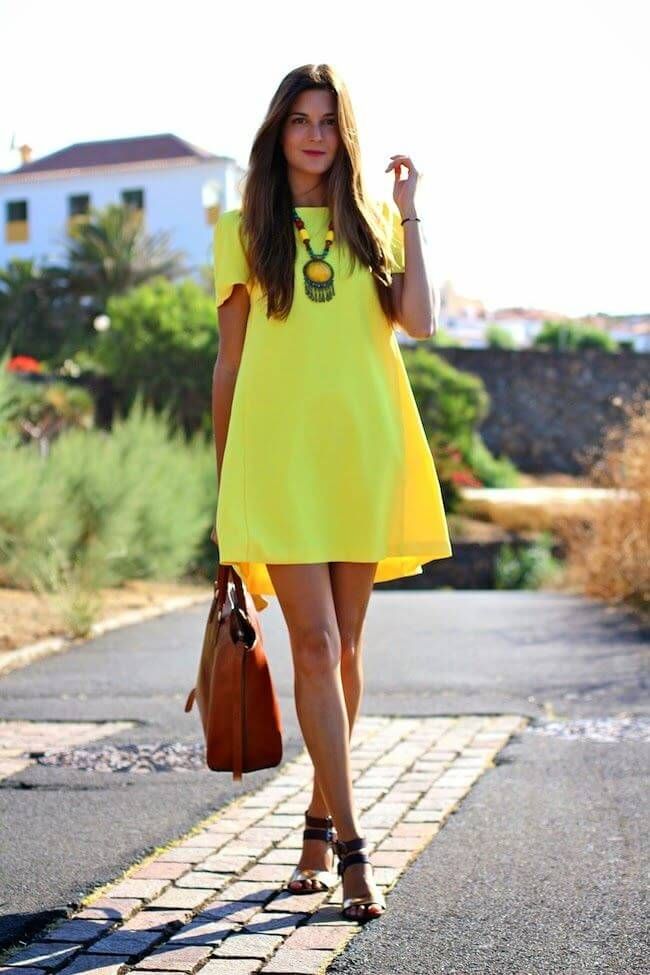 Neon yellow dress, bold necklace and neutral accessories ♥ summer fashion outfit  ideas