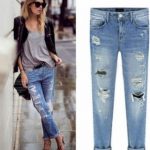Womens Ripped Hole Straight Boyfriend Jeans Vintage Distressed Denim Skinny  Long Pants Faded Trousers