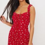 Red Floral Print Frill Detail Shift Dress