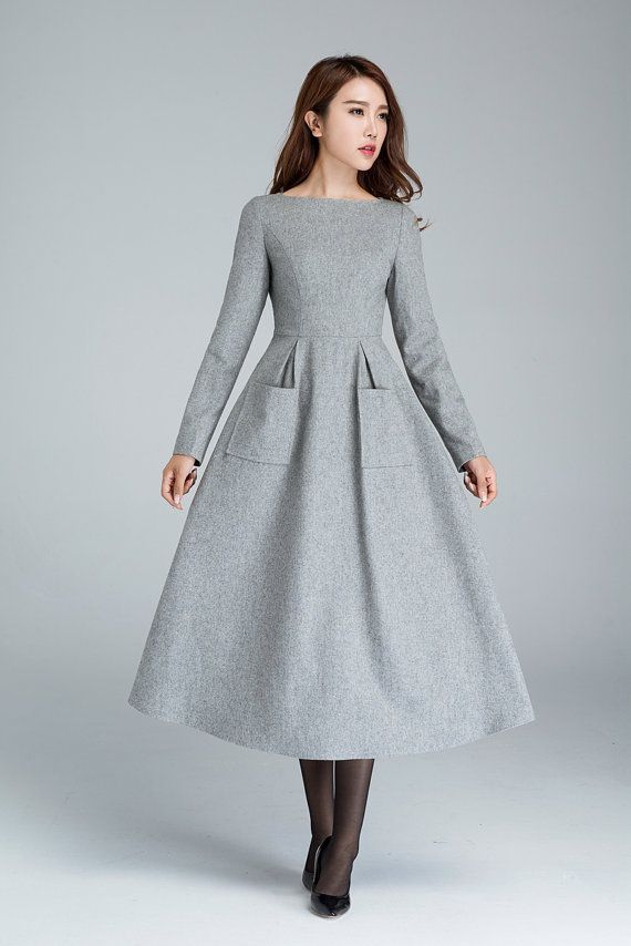 light grey wool dress with two big side pockets, winter dress, designers  dress, handmade dress, long dress, womens dresses 1620