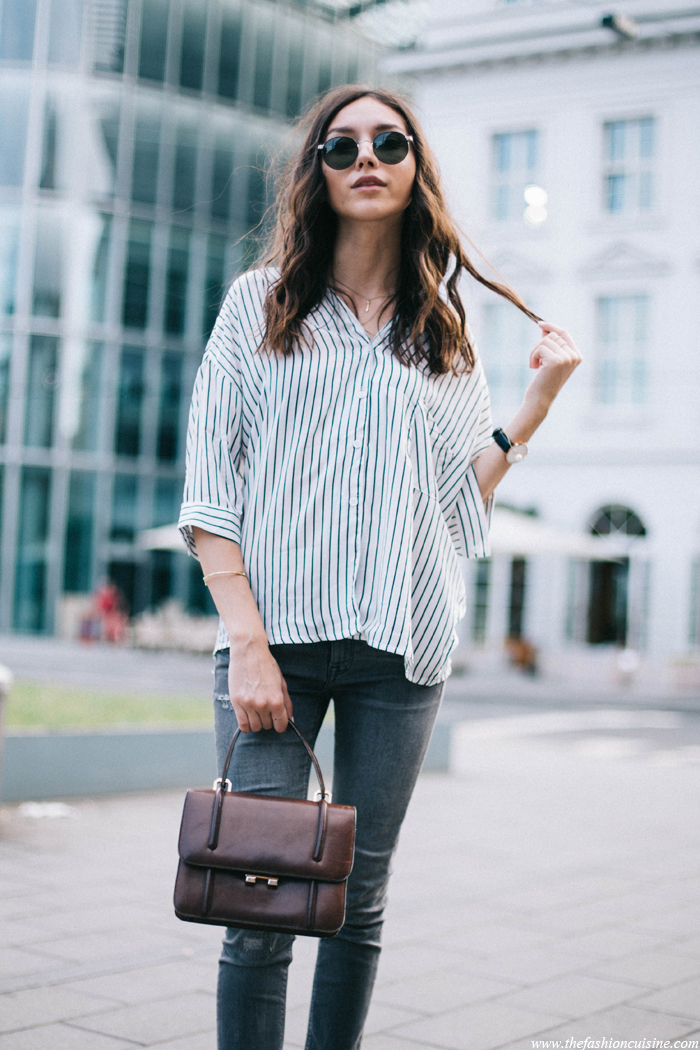 striped shirt casual outfit, street style, easy summer look  striped_shirt_zara_grey_jeans_mango_pointed_loafers_casual_outfit-4