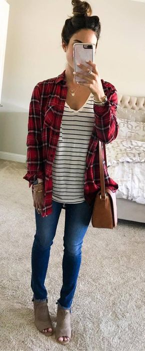 casual style addiction plaid flannel shirt + top + bag + boots + skinny  jeans