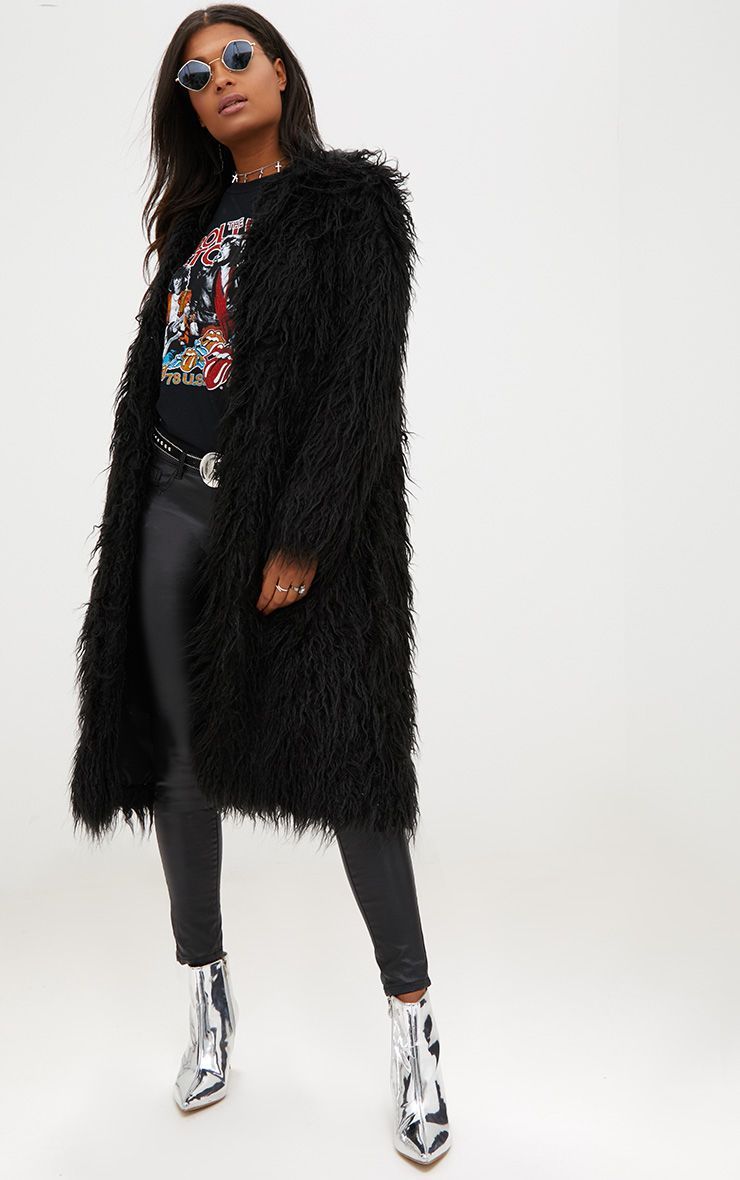 Black Shaggy Longline Faux Fur Coat