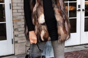 #winter #outfits brown and black fur vest with gray leggings. Click To Shop  This Look.