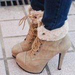 shoes high heels beige shoes winter outfits fall outfits closed toe fur  brown ankle boots lace