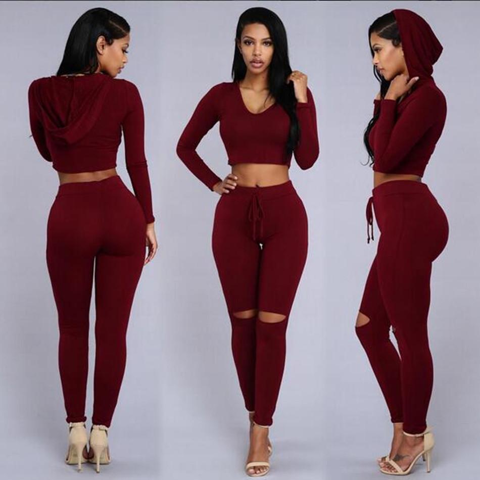 2019 Women Two Piece Outfits Pants 2016 Hot Spring Long Sleeve Ripped  Bodycon Rompers And Jumpsuits Casual Red Black Hooded Jumpsuits From  Ellen0508,