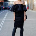 How to Layer a Skirt Over Pants or a Dress - off the shoulder feminine  ruffle dress layered over slim leather pants—gorgeous!