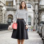 black full midi skirt, black ladylike midi skirt, striped crop top, stripes,