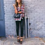 plaid shirt, flannel shirt, black leather skinnies, leather pants, ankle  strap heels