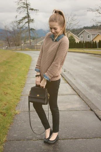 @roressclothes closet ideas #women fashion outfit #clothing style apparel  Camel Sweater and Denim Shirt via