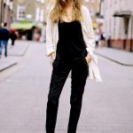 Fall / Winter Outfit Idea: Amazing black velvet jumpsuit paired with a  lightweight jacket, + minimalist black and white platform sandals