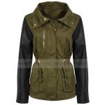 Womens Military Green Jacket with Leather Sleeves