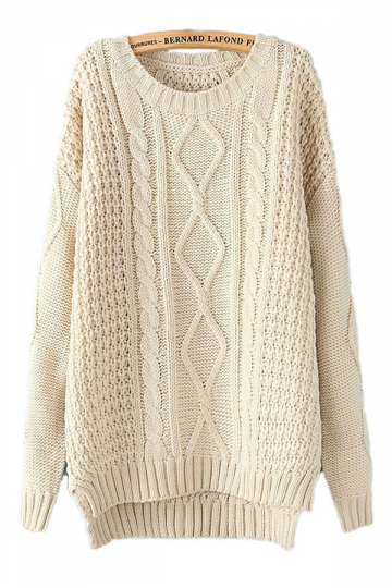 Beige White Diamond Cable Knit Sweater