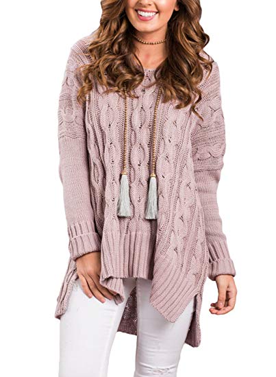 VERABENDI Womens Long Sleeve Fall Pullover Cable Knit Loose Leisure Stylish Knit  Sweaters Tops Dusty Pink