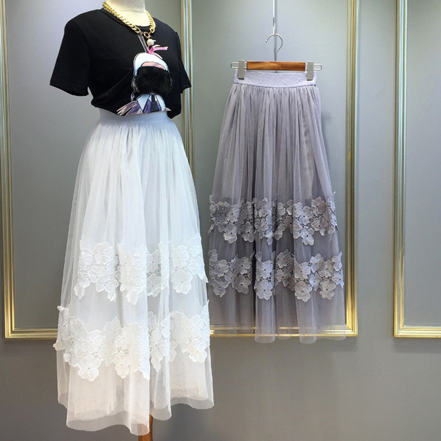 Tulle Maxi Skirt Summer Style Black White Lace Long Tulle Skirts For Women  Jupe Femme Faldas