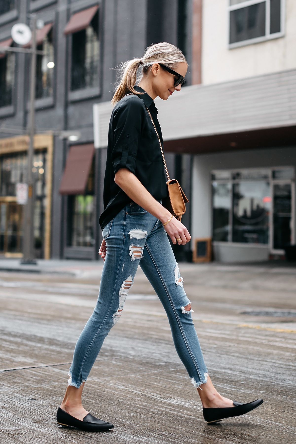 Blonde Woman Wearing Express Black Equipment Shirt Denim Ripped Skinny Jeans  Black Loafers Fashion Jackson Dallas Blogger Fashion Blogger Street Style