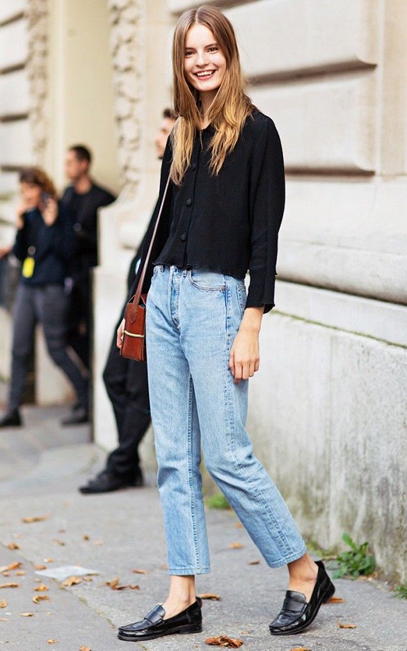 Keep it simple in a black button down, mom jeans and penny loafers. // # StreetStyle
