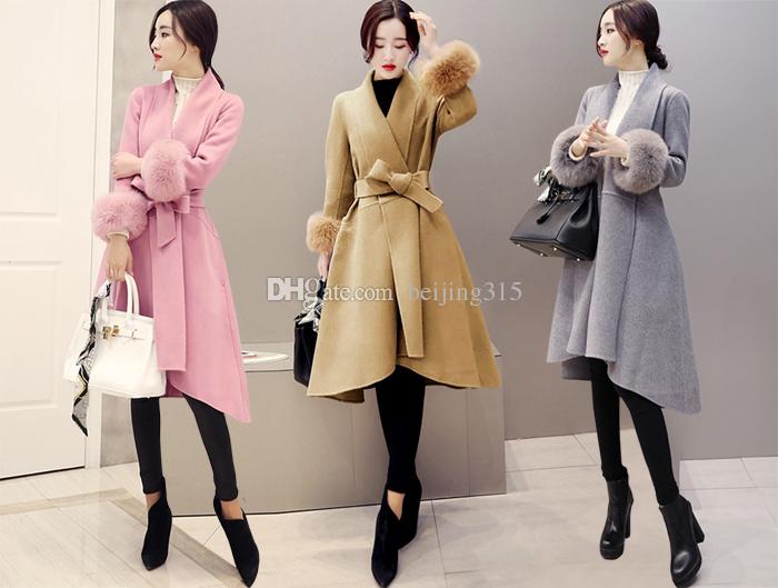2019 Elegant Plus Size Winter Long Coats Women Fur Sleeves Wool Coat