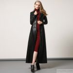 black PU long coat women slim fit stylish elegant lapel collar maxi