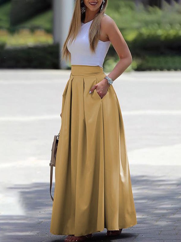 Yellow Pleated Pockets Tutu High Waisted Homecoming Party Long Skirt