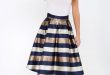 Dock of the Bay Navy Blue and Bronze Striped Midi Skirt