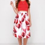 Fragrance of Flowers Ivory and Red Floral Print Midi Skirt
