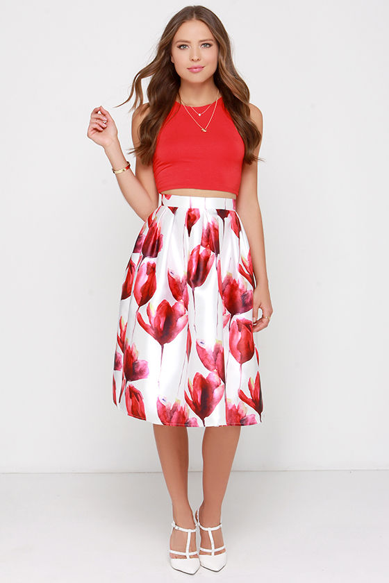 Fragrance of Flowers Ivory and Red Floral Print Midi Skirt