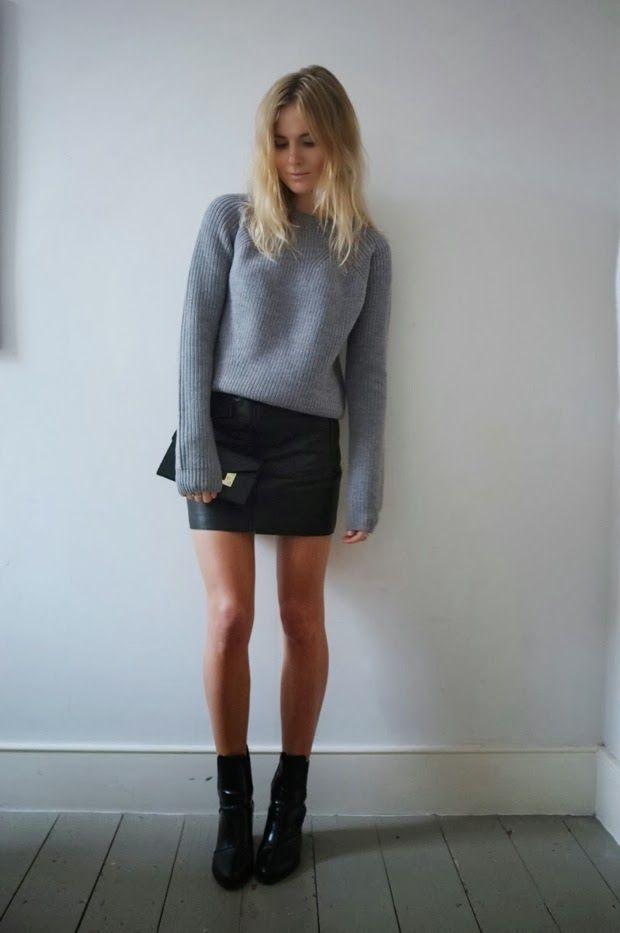 Grey Sweater, Black Mini Skirt, Ankle Boots