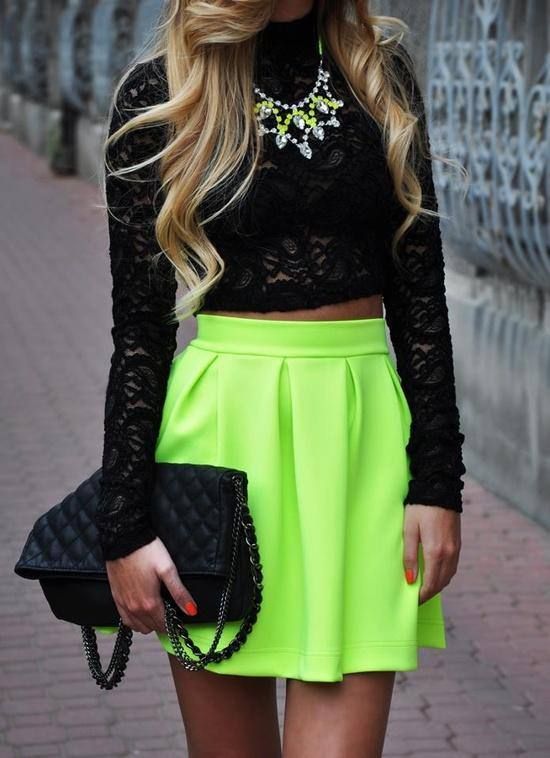 Neon Mini Skirt, Black Top Fashion Trend #neon #mini #side #neon