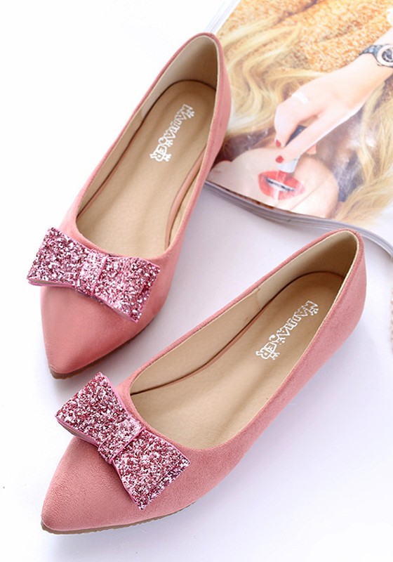 Pink Point Toe Sequin Bow Plus Size Cute Flat Dress Shoes