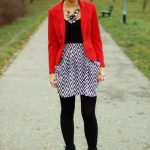bold; b/w print skirt worn with bright red and opaque black tights, ankle  boots