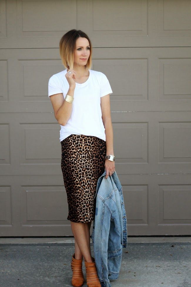 Leopard pencil skirt, white tee, and strappy ankle boots
